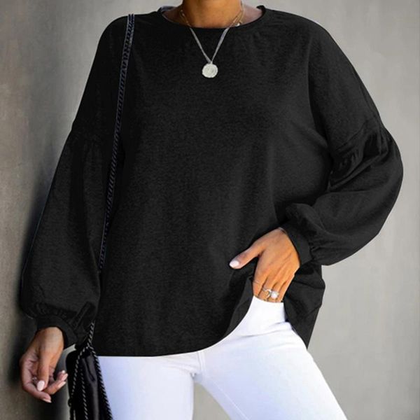 

women's t-shirt fashion solid color fall women t-shirts round neck long lantern sleeve simple tunic clothes loose casual female tee, White