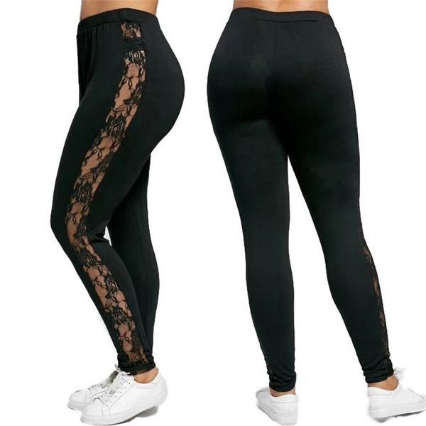 

women's leggings women lace high waist hollowed bandage skinny stretchy pants crop, Black