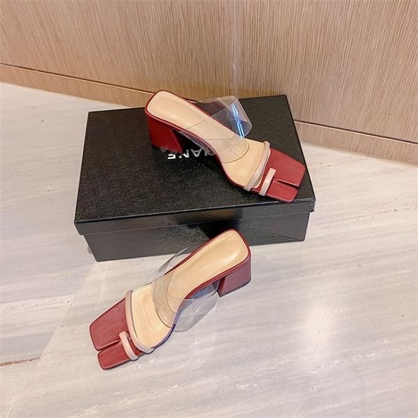 

niu's new style recommended by red wine transparent split toe sheepskin mat thick heel high slippers for women 70% off factory store on, Black
