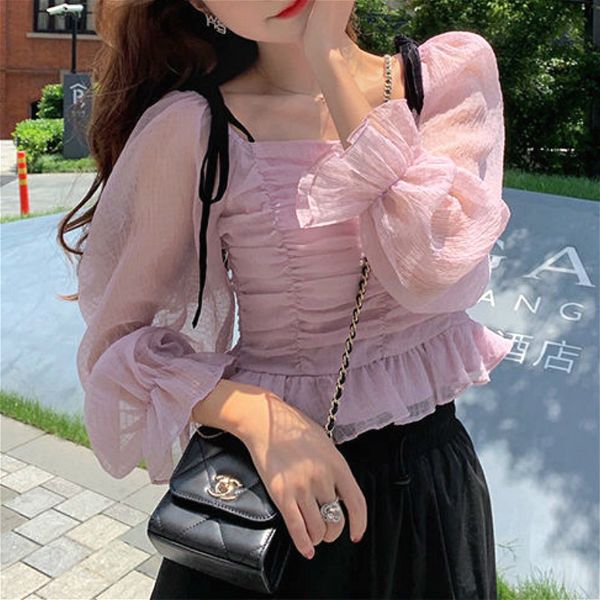 

vintage floral blouse women casual square collar chiffon korean style slim puff sleeve elegant shirt 2021 spring kawaii, White