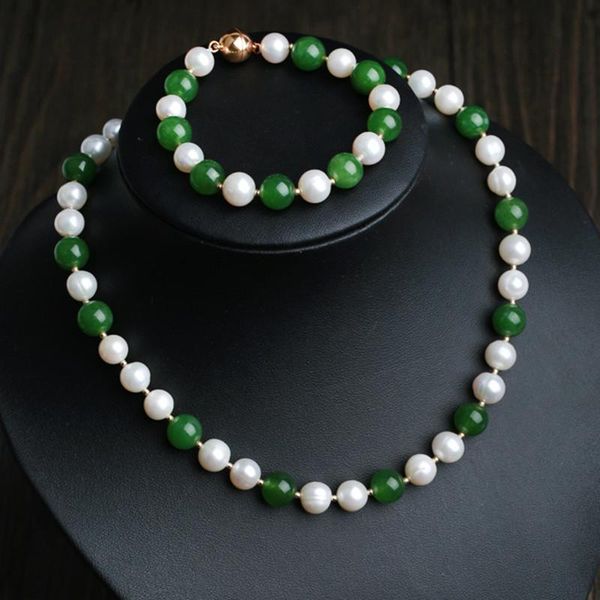 

chains high-end jade agate freshwater pearl necklace and bracelet set, Silver