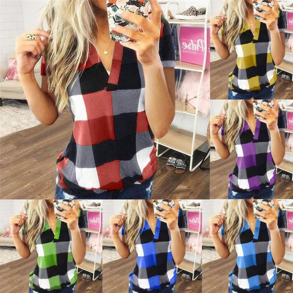 

women's t-shirt plaid plus size cotton fashion shirt casual summer v-neck tunic female women short sleeve blusas, White