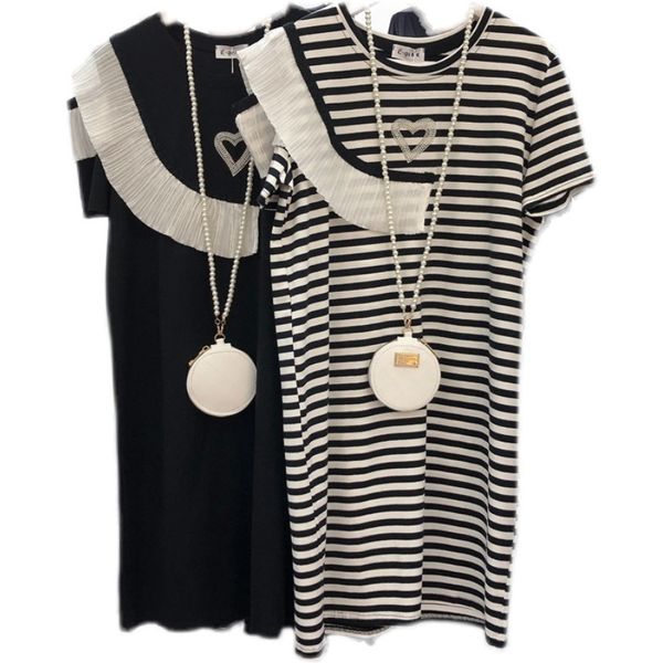 

women black striped elegant spliced ruffles off shoulder fack two dress o neck short sleeve loose fashion summer 16f1347 210510, Black;gray