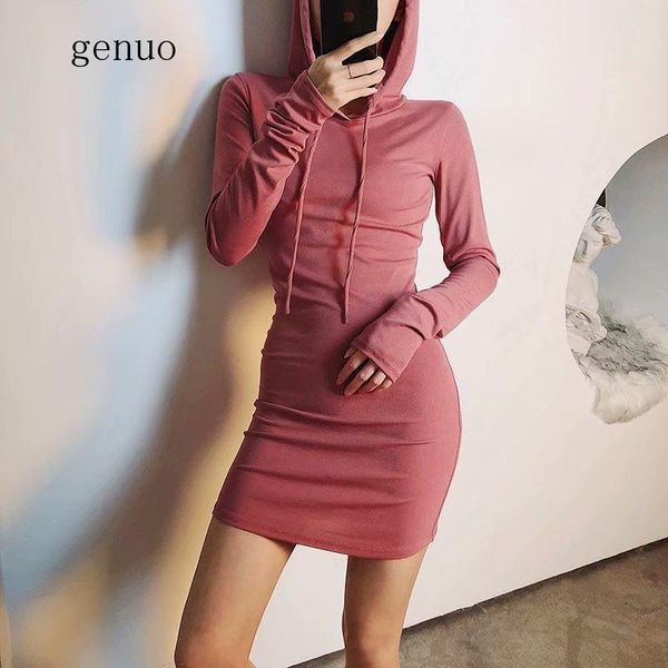 

casual dresses korean women's hooded bag hip temperament slim dress, Black;gray