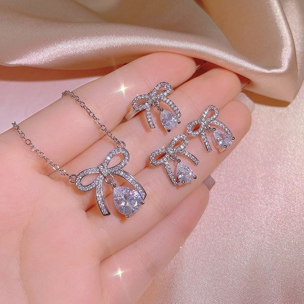 

100% 925 sterling silver wedding three-piece bow-shaped earrings necklace opening adjustable ring pearl jewelry set kiss054, Slivery;golden