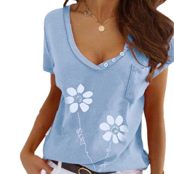 

women's t-shirt women clothing summer tee shirt femme short sleeved floral print v neck pullover solid color ladies plus size, White