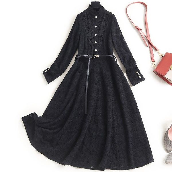

women designer fashion hollow out floral black lace dress 2021 spring summer knee length long sleeve white birthday dresses casual, Black;gray