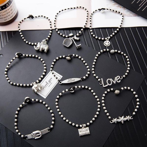 

anklets hand-woven anklet, retro old abacus lucky baby elephant, black wax rope female jewelry accessories, Red;blue