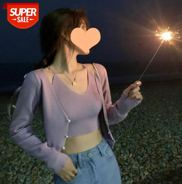 

[goddess hu chuliang is coming] spring thin cardigan jacket women's knitted camisole two-piece suit #kr3v, Black