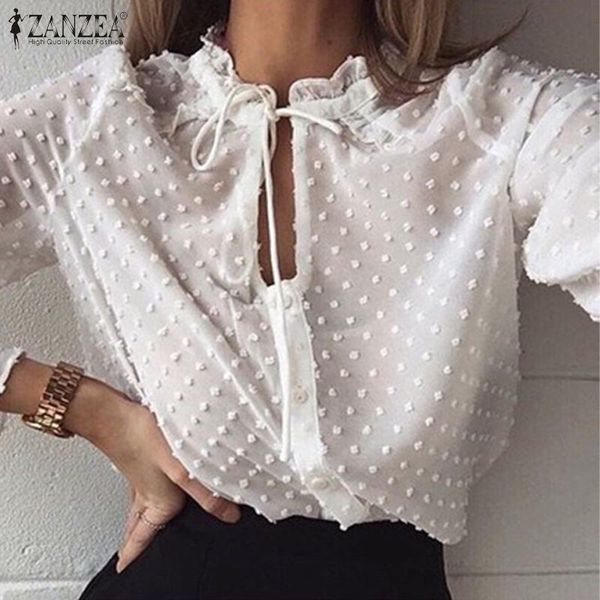 

women's blouses & shirts zanzea women lace 2021 fashion lady see through casual ruffles neck long sleeve tunic blusas plus size, White