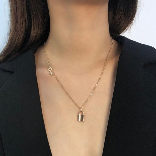 

lalynnly fashion key lock pendants necklace punk link choker chain padlock hiphop women gothic jewelry n7871 pendant necklaces, Silver