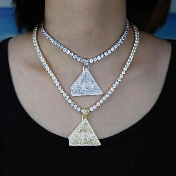 Collana classica a catena da tennis da 5 mm con cz con pendenti a forma di piramide triangolare ghiacciata massonica Illuminati per donne gioielli hip hop X0509