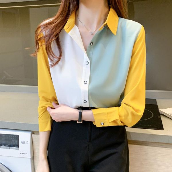 

women's blouses & shirts long sleeve splicing shirt women spring 2021 fashion casual loose female chiffon blouse elegant slim blusas, White