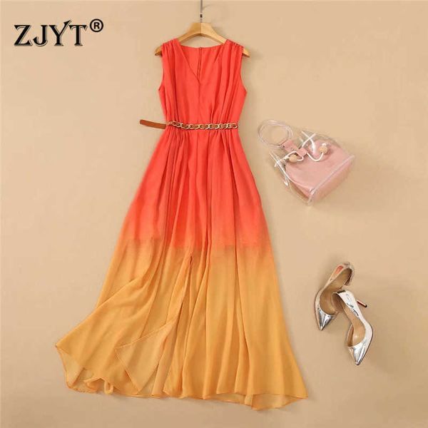 

fashion summer sundresses sleeveless gradient color runway long maxi dresses for women front split celebrity party vestido 210601, Black;gray