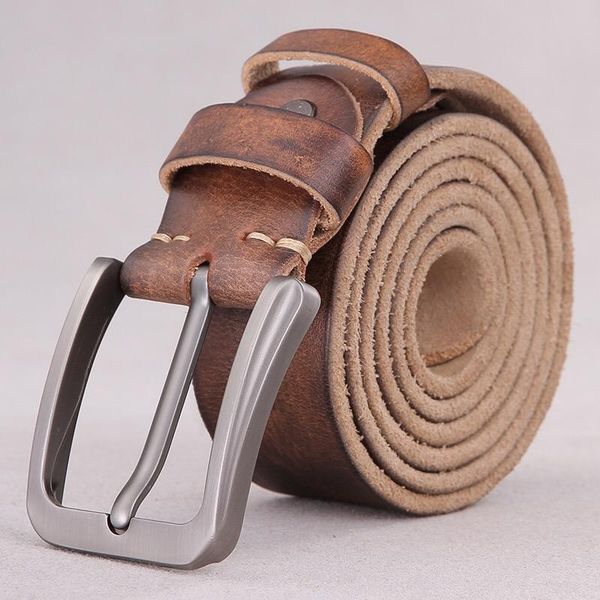 

belts casual fashion thick natural cowhide men's belt retro genuine leather for men male metal pin buckle, Black;brown