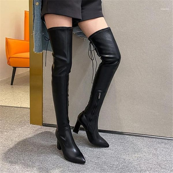 

boots pxelena 2021 autumn winter genuine leather thigh high women slim fit over the knee plus size 34-43 heels11, Black