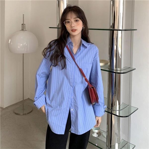 

women's blouses & shirts oversized long sleeve loose women girl ladies blue striped shirt blouse for clothes big button up, White