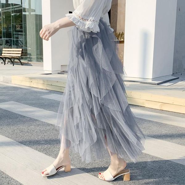 

skirts korean style summer skirt girls sweet ankle-length high waist plain mesh date night designer see through pleated, Black