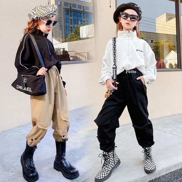 

girls sports suit 2021 hip hop clothing sweatshirt long-sleeved t-shirt + loose pocket cargo pants sets, White