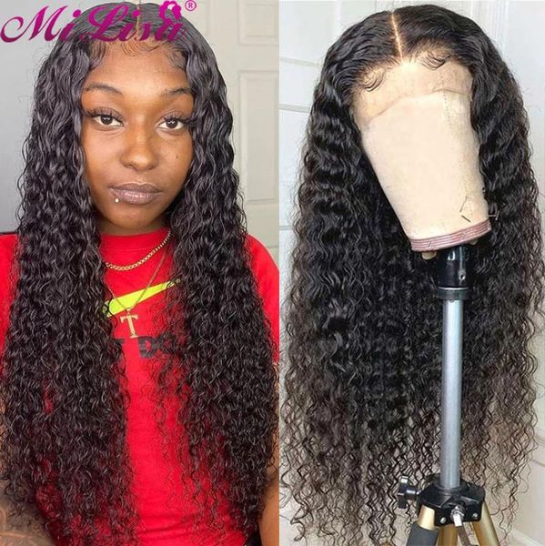 

lace wigs deep wave frontal wig for women human hair pre plucked remy brazilian 30 32 inch 13x4 front curly, Black;brown