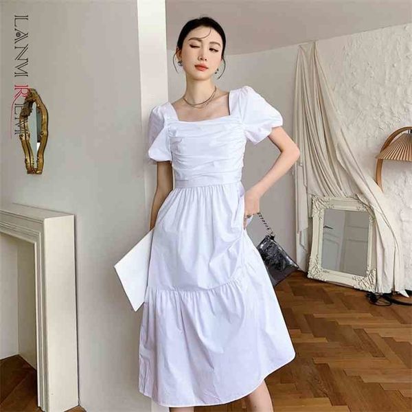 

women dress puff sleeve high waist a-line square collar temperament loose fit fashion summer 2h805 210526, Black;gray