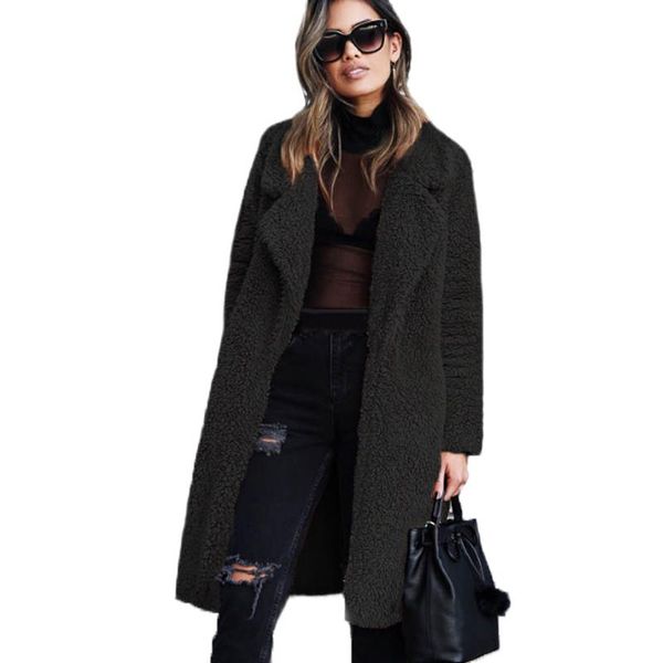 

women's fur & faux coat women plush solid color fleece open front long coats female winter warm casual cardigan, Black