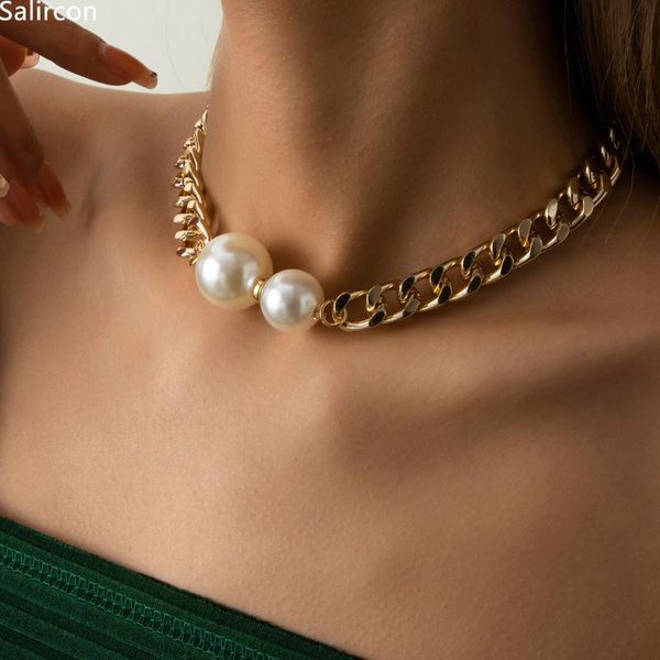 

chokers 2021 trendy punk hiphop chunky gold color chain choker necklace for women baroque simulated pearls fashion jewelry, Golden;silver