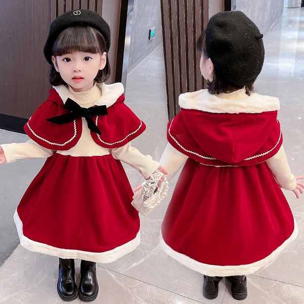 

girl's dresses kids plus velvet shawl dress for girls baby winter children korean fashion sweet christmas, Red;yellow