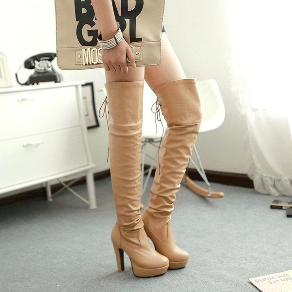 

boots sianie tianie soft pu pleated design platform thick high heels woman overknees nude women winter shoes over the knee, Black
