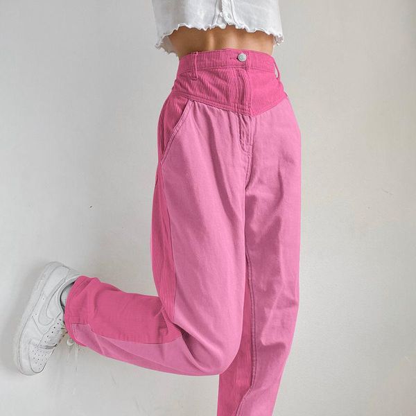 

women's pants & capris woman jeans corduroy stitching high waist contrast loose thin wide leg pantalones vaqueros mujer, Black;white