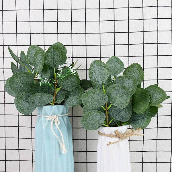 

5pcs retro green silk eucalyptus leaves artificial branch fake plants foliage wedding pography props home garden decor decorative flowers &