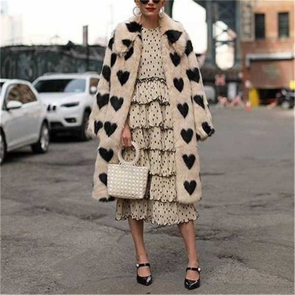 

winter women warm faux fur coat love pattern long turn down collar plush classic loose 211104, Black