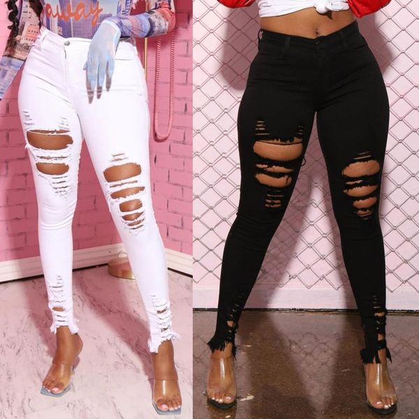 

women's trousers high waist ripped holes slim fit streetwear mother's old-fashioned loose clothing tooling penc jeans, Blue