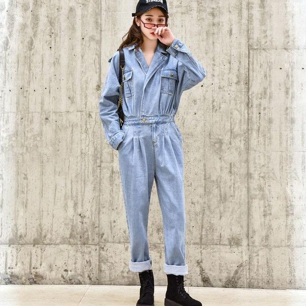 

women's jumpsuits & rompers women denim jumpsuit cargo pants 2021 autumn long sleeve retro jeans overalls female, Black;white