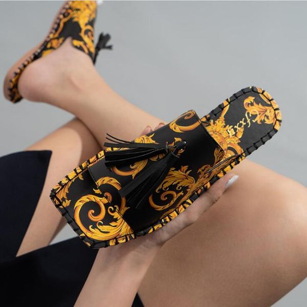 

women slippers fashion tassels summer shoes brand beach slides retro mules for flat slipper, Black