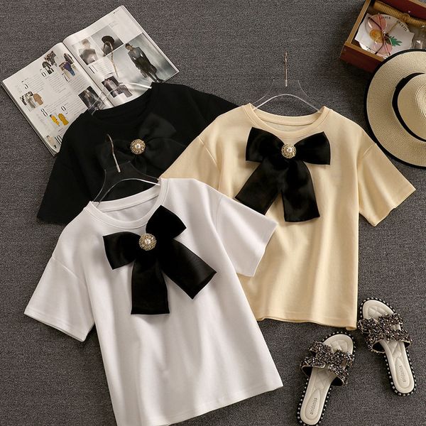 

women's t-shirt 2021 summer fashion streetwear short sleeve pearls beading neck big bow oversize t-shirt women tees dress lady top, White