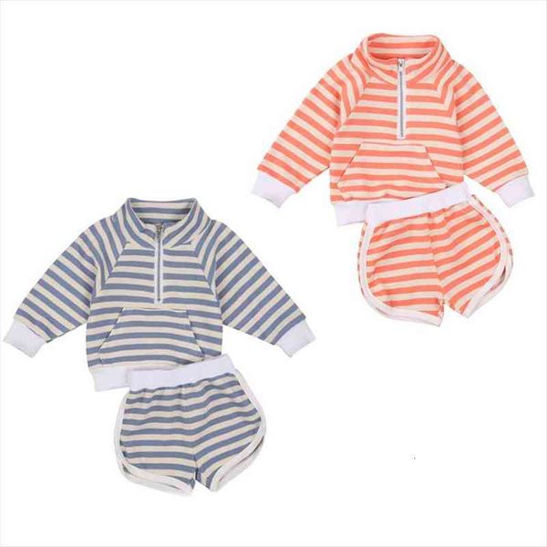 

0 5y fashion kids girls clothes sets striped print long sleeve zipper turtleneck pocket sweatshirt pants 2pcs, White