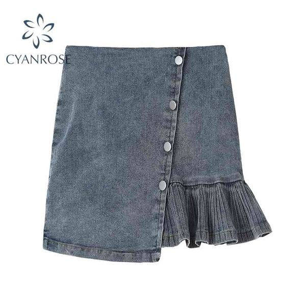 

high waist button irregular ruched denim skirts women's summer ruffles jeans korean pleated mini female 210515, Black