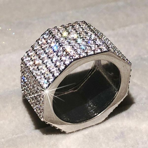 

hip hop jewelry real 925 silver rings for women men octagonal nut cocktail finger shine tiles seven rows 420pcs stone ring set cluster, Golden;silver