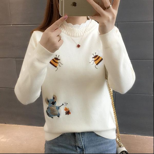 

fashion autumn women sweater pullover winter korean embroidery little bee loose warm knitwear jumpers ladies d2531, White;black
