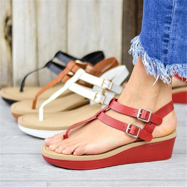 

sandals women adjustable buckle t-strap wedge, Black