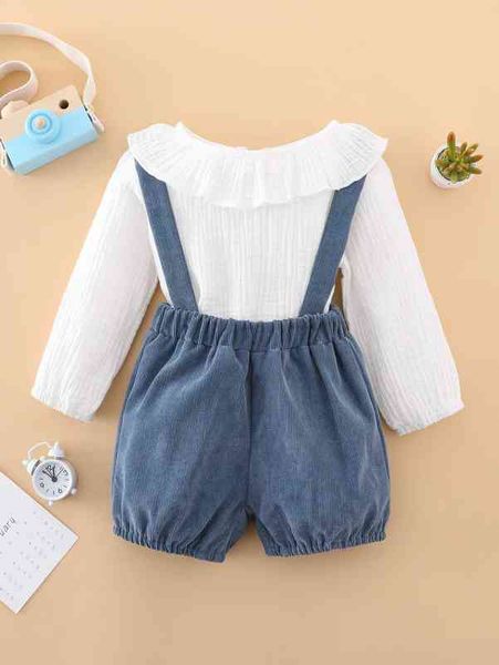 

baby girl solid ruffle trim blouse & suspender shorts she, Blue
