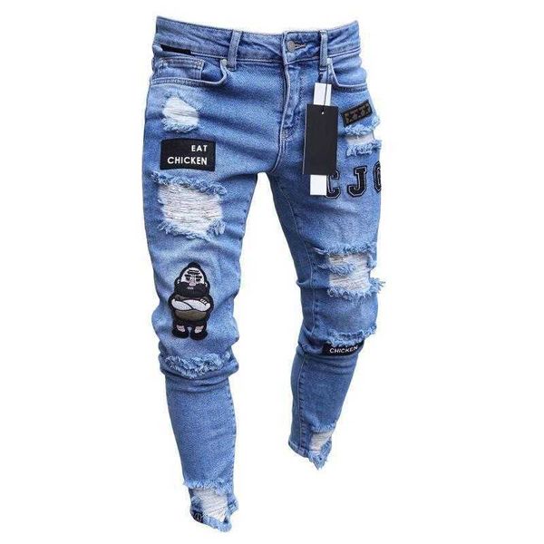 Jeans da motociclista strappati elasticità da uomo Distintivo skinny Pantaloni da cowboy a matita di cartone animato Pantaloni di jeans comodi in tessuto morbido di alta qualità X0621