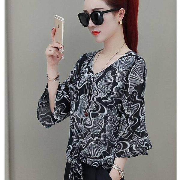 

women's blouses & shirts women summer style flower printed chiffon girls half flare sleeve floral bow tie decor v-neck blusas, White