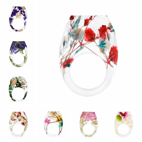 

2021 korea transparent resin dry flower rings for women girls bohemia colorful flower acrylic rings jewelry party gifts, Silver