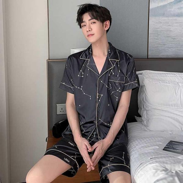 

men's sleepwear 2021 summer plus size short sleeve silk satin pajama sets for men korean suit pyjama lounge wear homewear home clothes, Black;brown