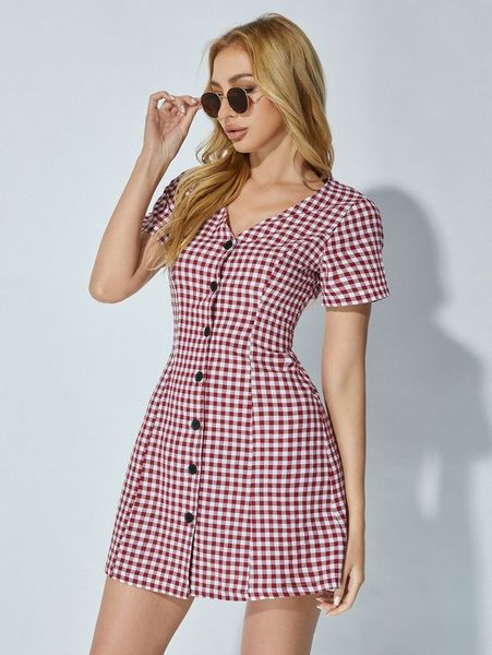 

button front gingham dress c793#, Black;gray