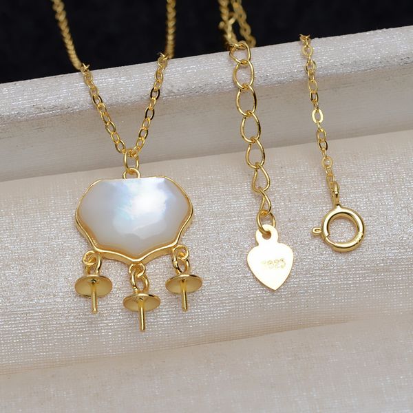 

s925 silver chain children's shell 3 safety lock necklace multi pearl empty support diy jewelry accessories 3996