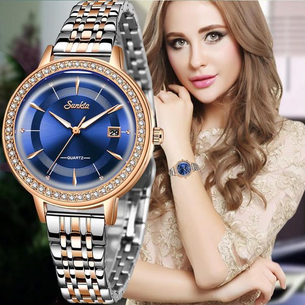 

wristwatches sunkta women watch simple elegant women's fulll steel quartz ladies watches girls clock relogio 2021 gift, Slivery;brown