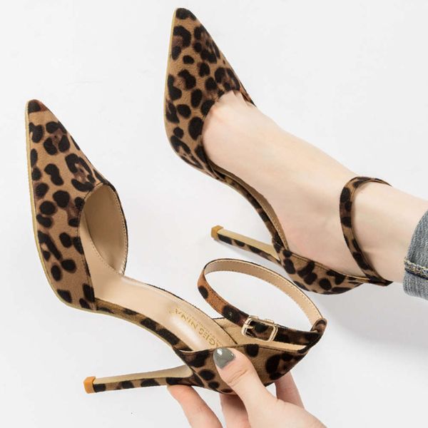 

hollow sandals women's one-sided narrow heel leopard print high heels sho, Black